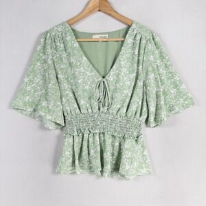 June & Hudson Top Blouse Large Green Floral Print Smocked Waist Flutter Sleeve